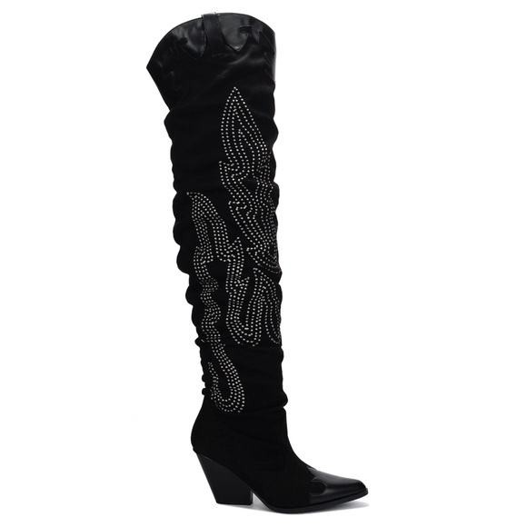 Cape Robbin Shoes - CAPE ROBBIN • Black Icona Thigh-High Cowboy Boots Includes Box